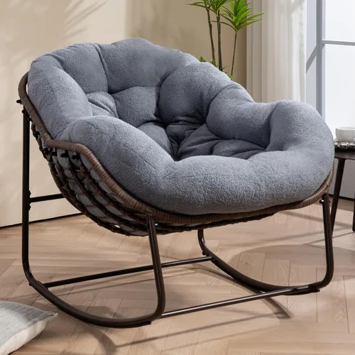 Miniatura 29 de HOMEFUN Juego de 2 mecedoras para patio al aire libre, sillas Papasan Rock de gran tamaño para interiores con cojín acolchado, asiento de huevo