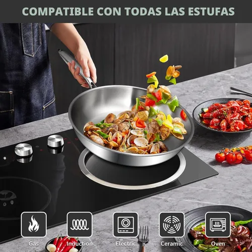 Miniatura 5 de EWFEN Juego de sartenes de acero inoxidable de tres capas, sartenes de cocina de 8 pulgadas, 10 pulgadas/12 pulgadas, sartén sin PFOA y PTFE, sartén