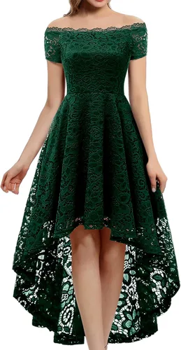 Dressystar Vestido de Cóctel de Encaje para Mujer Hi-Lo con Hombros Descubiertos para Dama de Honor Vestido de Fiesta Formal Swing