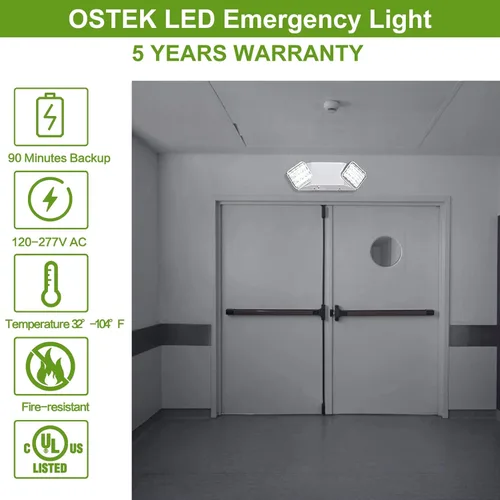 Miniatura 2 de Luz de emergencia LED con batería de respaldo, dos luces de salida de emergencia ajustables de cabeza cuadrada para fallos de energía del hogar