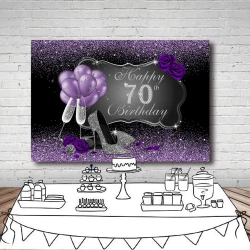 Miniatura 5 de Fondo fotográfico negro y morado con tacones altos plateados, globos de rosa morada para fiesta de cumpleaños número 70, telón de fondo