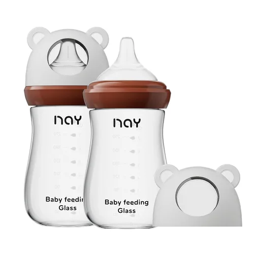yanyoyo Biberón de vidrio natural para bebés que amamantan, biberón anticólicos de 8 onzas con pezón de respuesta natural (M), transparente, cuello