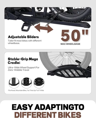 Miniatura 6 de Young Electric Enganche 2 portabicicletas, capacidad de 200 libras, soporte de plataforma para bicicleta eléctrica, hasta 5 pulgadas de grasa