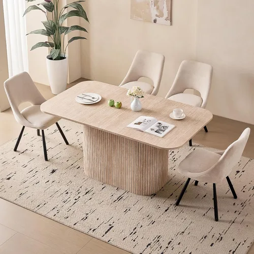 Miniatura 15 de Juego de 4 mesas de comedor grandes de 63 pulgadas para 4, esquinas redondeadas, mesa de cocina rectangular moderna de madera con sillas Boucle