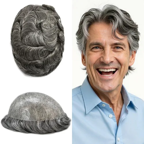 Miniatura 37 de Toupee para hombres de piel fina inyección de PU unidad de peluca para hombre, pieza de cabello humano natural real, sistema de repuesto