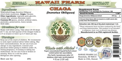 Miniatura 2 de Extracto líquido sin alcohol Chaga, Chaga (Inonotus obliquus) Suplemento herbario natural de glicerita seca con hongos enteros Hawaii Pharm 4x4 oz