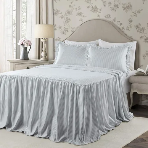 Miniatura 2 de Lush Decor - Juego de colcha de rayas de 3 piezas tamaño King, color azul lago - Juego de ropa de cama con volantes tamaño King - Ropa de cama a