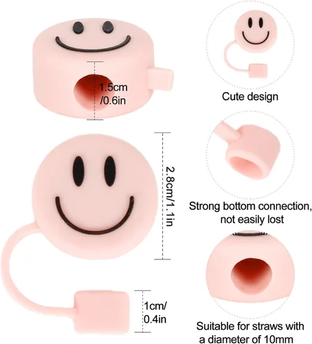 Miniatura 2 de Whaline 6 fundas de cara sonriente, color rosa claro, doble cara, con patrón de punta de 0.4 pulgadas, de silicona, reutilizable, redondo, para vaso