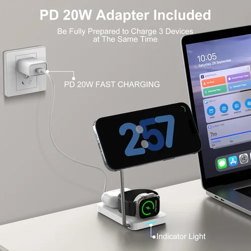 Miniatura 5 de Estación de carga inalámbrica 3 en 1, cargador inalámbrico magnético plegable PD20W para dispositivos Apple iPhone 12-16 Series Apple Watch AirPods