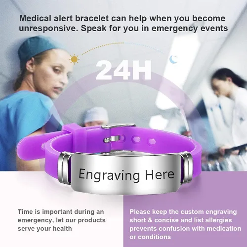 Miniatura 139 de OPALSTOCK Pulseras médicas personalizadas de silicona ajustable para identificación de emergencias, grabado gratuito, 9 pulgadas, resistente al