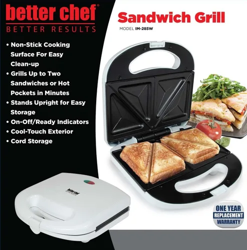 Miniatura 2 de Better Chef Prensa eléctrica para parrilla sándwich 2 sándwiches Antiadherente Almacenamiento vertical y de cable (blanco)