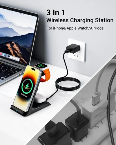 Miniatura 7 de Eazpower Cargador inalámbrico para fundas gruesas de 0.394 in/Otterbox/resistente, base de carga 3 en 1 para iPhone 17 16 15 14 Pro Max, estación