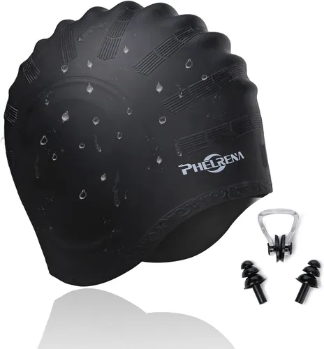 PHELRENA Gorro de natación impermeable de silicona de alta calidad, orejeras de pelo largo, flexible y reversible para adultos, niños, mujeres y