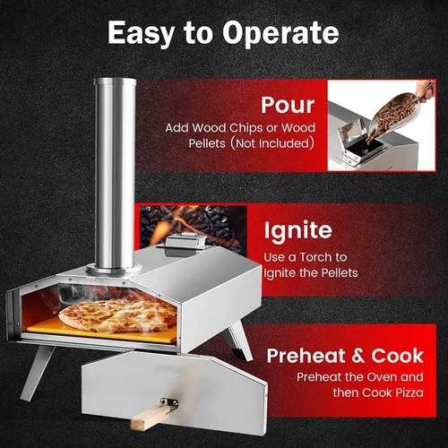 Miniatura 5 de Happygrill Horno de pizza al aire libre, portátil, de acero inoxidable, estufa de pizza de pellets de madera con piedra de pizza de 12 pulgadas