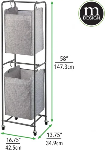 Miniatura 3 de mDesign Cesta vertical apilada para ropa sucia con ruedas, portátil, 2 bolsas extraíbles para organizar ropa, lavandería, luces, oscuridades, marco