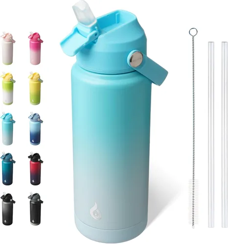 Miniatura 54 de BJPKPK - Botella de agua aislada con tapa de popote, 532 ml Botellas termo con boquilla suave, asa flexible y base antideslizante, libre de BPA, a