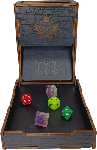Miniatura 7 de FOXBITE Torre de dados para Dungeons and Dragons Tower con bandeja de madera grabada con láser DND portátil y plegable, rodillo de dados perfecto