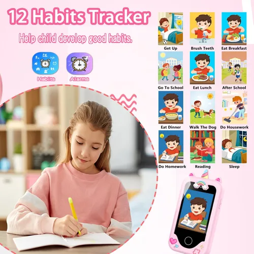 Miniatura 6 de WEOLULI Teléfono inteligente para niños con doble cámara, reproductor de juegos y música, teléfono celular de juguete de aprendizaje para niños