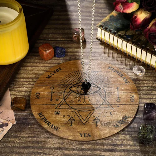 Miniatura 7 de Jetec Tablero de péndulo de madera para la radiestesia, adivinación, péndulo de brujería, suministros de altar con collar de cristal y kit