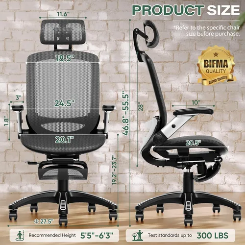 Miniatura 3 de GABRYLLY Silla de oficina ergonómica con reposapiés, silla de escritorio de espalda alta para el hogar - Reposacabezas 3D, brazos abatibles, Negro