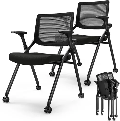 Juego de 2 sillas de oficina plegables con ruedas de PU, malla ergonómica con respaldo elástico, silla apilable para sala de conferencias, silla