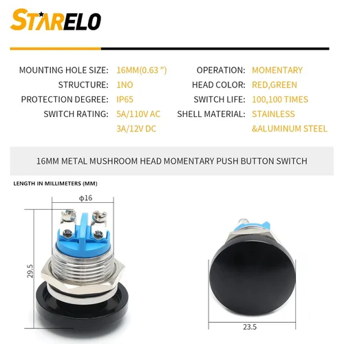 Miniatura 2 de STARELO Interruptor momentáneo de botón de presión de 16 mm con cabeza de hongo, metal de acero inoxidable IP65 impermeable 2Pin SPST 1NO 5A 250V AC