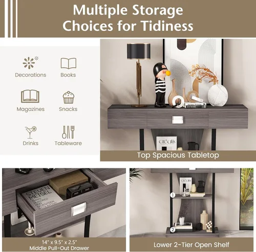 Miniatura 4 de Giantex Mesa consola estrecha en forma de T – Mesa para detrás del sofá con cajón, estantes, kits dobles antivuelcos, moderna mesa de vestíbulo