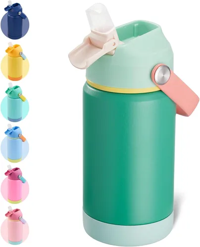 Miniatura 29 de Kerilyn - Botella de agua para niños, de acero inoxidable, con pajilla a prueba de fugas, con aislamiento térmico, libre de bisfenol A, unisex