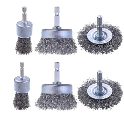 Rocaris Juego de 6 ruedas de alambre de acero al carbono y cepillo para bolígrafo con vástago hexagonal de 1/4 pulgadas para eliminar el óxido, la