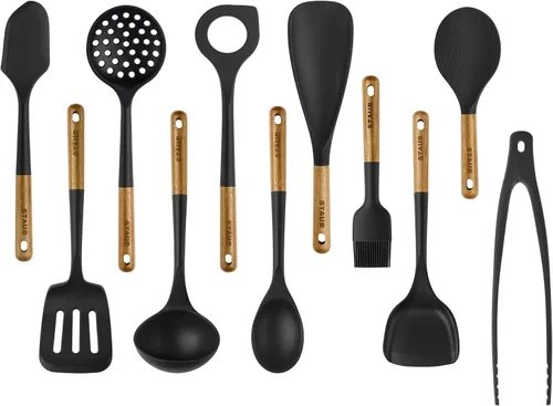 STAUB Juego de utensilios de cocina de silicona con mango de madera de 11 piezas Negro mate