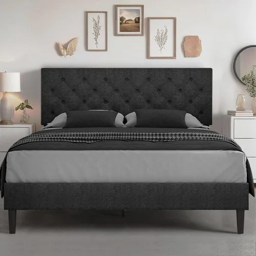 Miniatura 8 de HOMBCK Marco de Cama Queen con Cabecera Capitoné con Botones, Marco de Cama de Plataforma Tapizada Azul, Tela Suave/Soporte de Listones de Madera/No