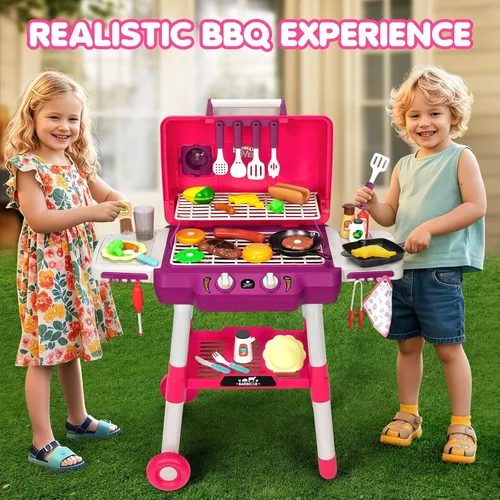 Miniatura 6 de Juguetes de Cocina para Niños, Set de Parrilla BBQ para Jugar con Sonido de Humo y Luz, Juguete de Barbacoa de 2 Capas con Ruedas, Set de Juguetes