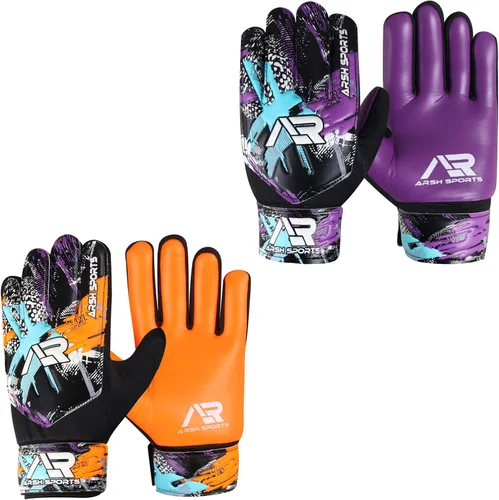 Arsh - Paquete de 2 guantes de portero de fútbol, guantes de portero de fútbol para niños, jóvenes, niños, muñecas dobles Púrpura/Anaranjado