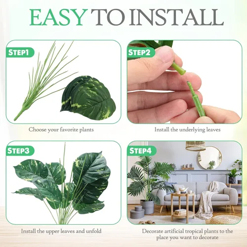 Miniatura 5 de Yunlly 6 piezas de plantas tropicales artificiales de 32 pulgadas, hojas de palmera falsas, plátano, Monstera, hojas de tortuga, palmera perenne