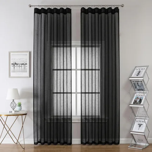 Miniatura 6 de Cortinas plisadas negras traslúcidas de 84 pulgadas de largo, 2 paneles para dormitorio, lino texturizado, ganchos transparentes para pista