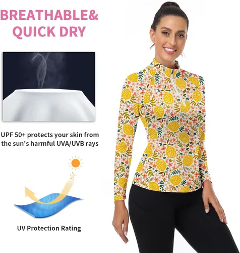 Miniatura 116 de WOWENY Camiseta deportiva de manga larga para mujer, con cremallera de un cuarto, cuello para entrenamiento, camiseta de tenis con estampado