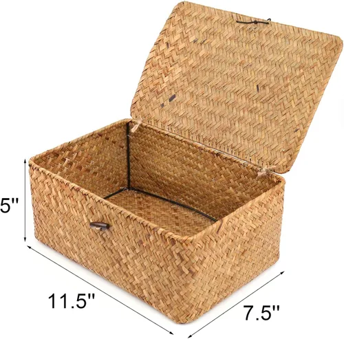 Miniatura 2 de Yesland Cesta de almacenamiento de ratán de hierba marina tejida a mano, 11.5 x 7.5 x 5 pulgadas, contenedor organizador de maquillaje rectangular