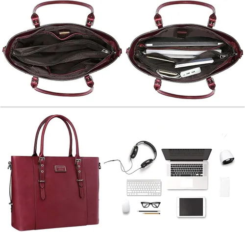 Miniatura 3 de MOSISO Bolso de mano de piel sintética para laptop para mujer (17-17.3 pulgadas), impermeable de gran capacidad, maletín de trabajo de negocios