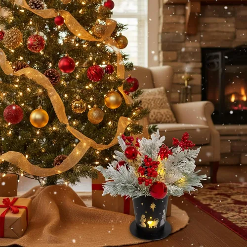 Miniatura 6 de Centro de Mesa Navideño Iluminado en Maceta de Metal con Temporizador, Escena del Nacimiento Navideño en Base de Metal Negro con Ornamento de Piñas