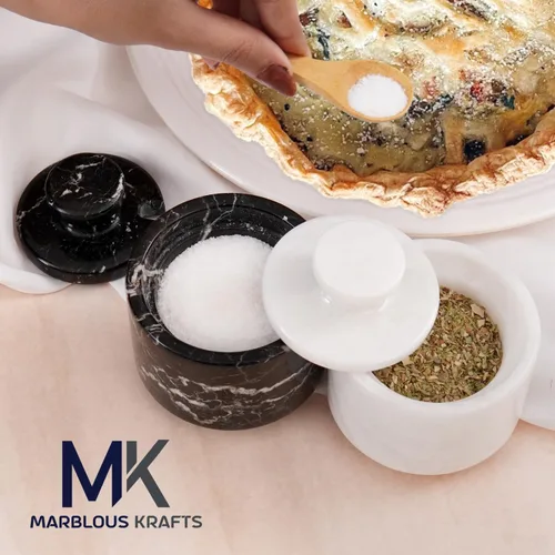 Miniatura 2 de MARBLOUS KRAFTS Salero de Mármol con Tapa 3" Blanco y Negro Cebra Frasco de Especias Para Encimera de Cocina Recipiente de Sal de Piedra y Cuencos