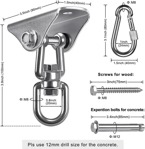 Miniatura 6 de SELEWARE Ganchos de columpio de acero inoxidable, accesorios giratorios de montaje con mosquetones para porche, columpios, juegos de hamaca, silla