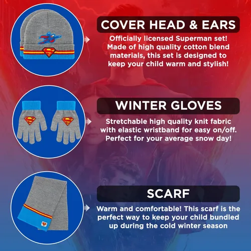 Miniatura 2 de DC Comics Guantes de invierno, sombrero de invierno y bufanda para niños, conjunto de sombrero y guante para niños, guantes DC Comics para niños