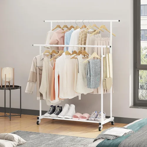 Miniatura 6 de Calmootey Perchero de Ropa de Doble Barra, Perchero Colgante Rodante, Organizador de Ropa Portátil para Dormitorio, Sala de Estar, Tienda de Ropa