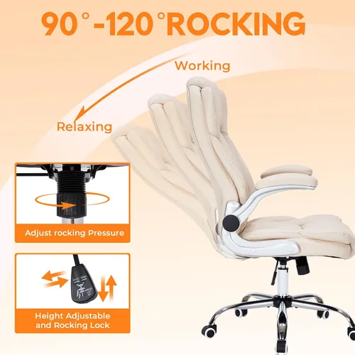 Miniatura 3 de Silla de oficina ejecutiva de 400 libras con reposabrazos abatibles, silla de computadora grande y alta para personas pesadas, silla ergonómica Crema