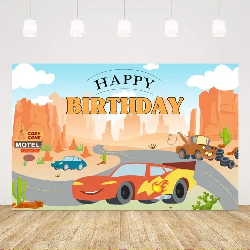 Ticuenicoa Telón de fondo de cumpleaños de auto de carreras de 5 x 3 pies, decoración de fiesta de cactus del desierto de dibujos animados,
