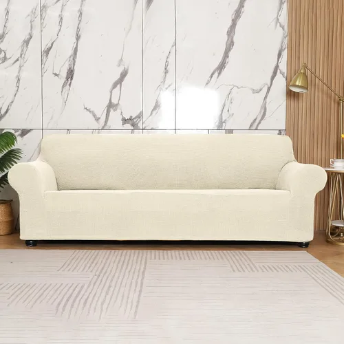 Miniatura 4 de Funda elástica suave para sofá de 3 cojines, protector de muebles, transpirable, lavable, tela jacquard, cuadros pequeños con parte inferior Beige