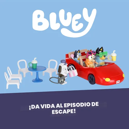 Miniatura 5 de Bluey Figura (2.5 pulgadas) y juego de vehículo convertible de escape, robusto auto de juguete para niños con 4 accesorios y calcomanías, juguetes