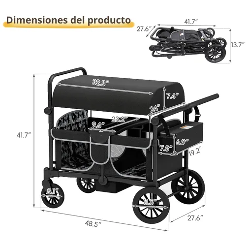 Miniatura 7 de TOLEAD Cochecito para 4 niños, plegable de 4 asientos para exteriores con toldo, manubrio ajustable, arnés de seguridad de 5 puntos, bandeja Negro