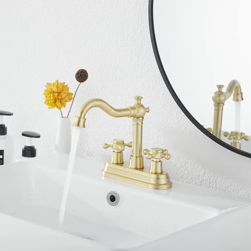 Miniatura 7 de Llave de baño GGStudy de oro cepillado, de 2 asas, de 4 pulgadas, llave central para baño con montaje de drenaje y manguera de suministro, llave