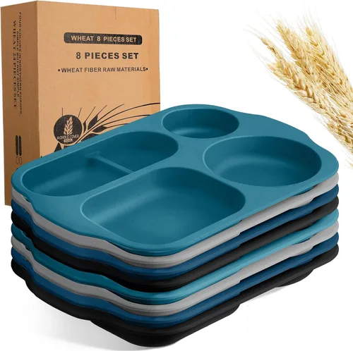 Miniatura 9 de Tanlade - 8 platos divididos irrompibles grandes de 12 pulgadas para adultos, bandeja de comida de paja de trigo de 5 compartimentos, bandeja